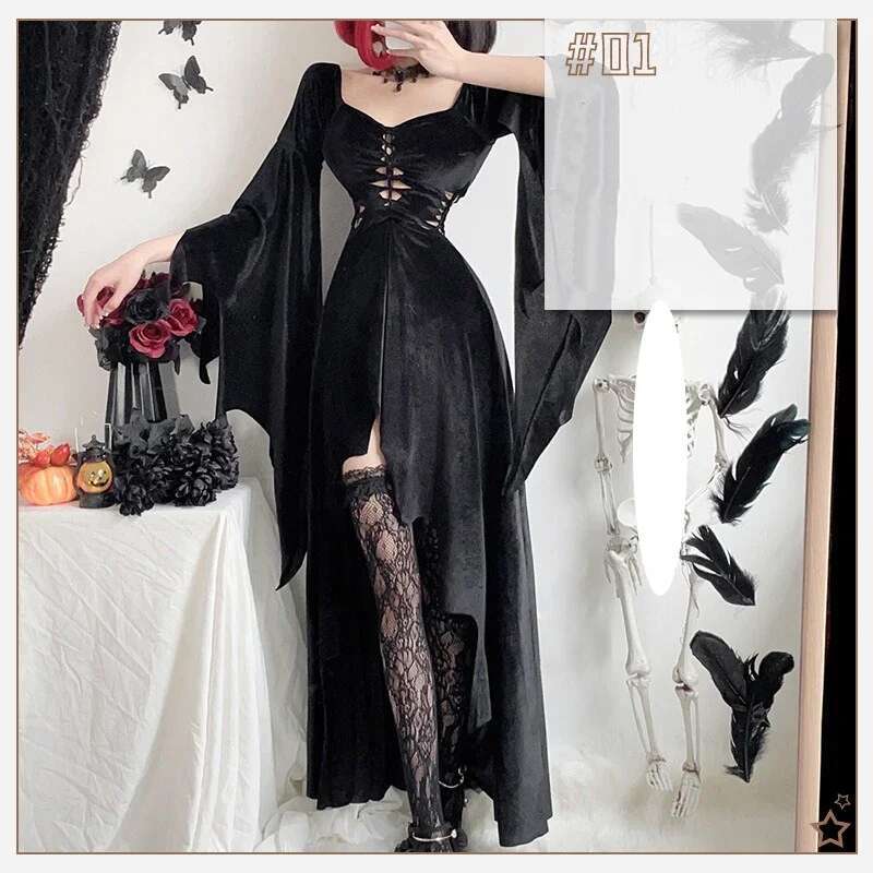 Vintage Flare Long Sleeve Vampire Bride Outfit Cosplay Death Black Dresses Haruku Gothic Halloween Costumes Witch Dress