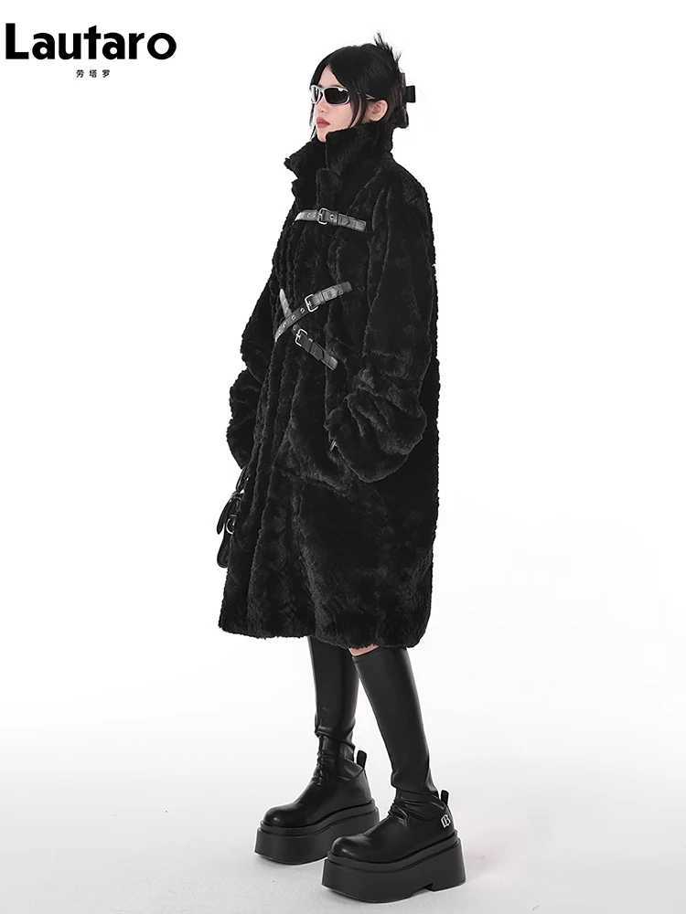Lautaro Winter Cool Long Loose Casual Soft Thick Warm Black Fuzzy Faux Fur Coat Women Stand Collar Punk Style Fluffy Jacket 2023 J251124