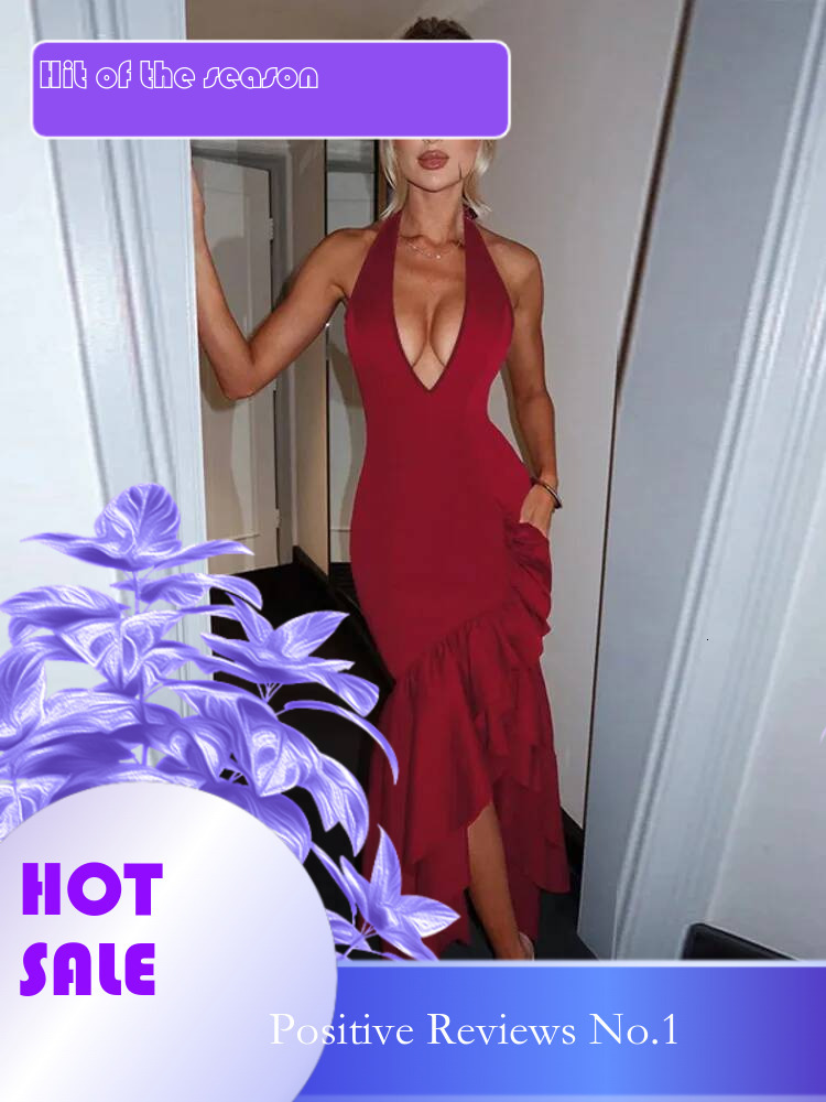 Dongdumaoyi Townlike Ruffles Asymmetrical Elegant Maxi Long Dress Women Halter Summer Backless Nightclub Sexy Party Dresses