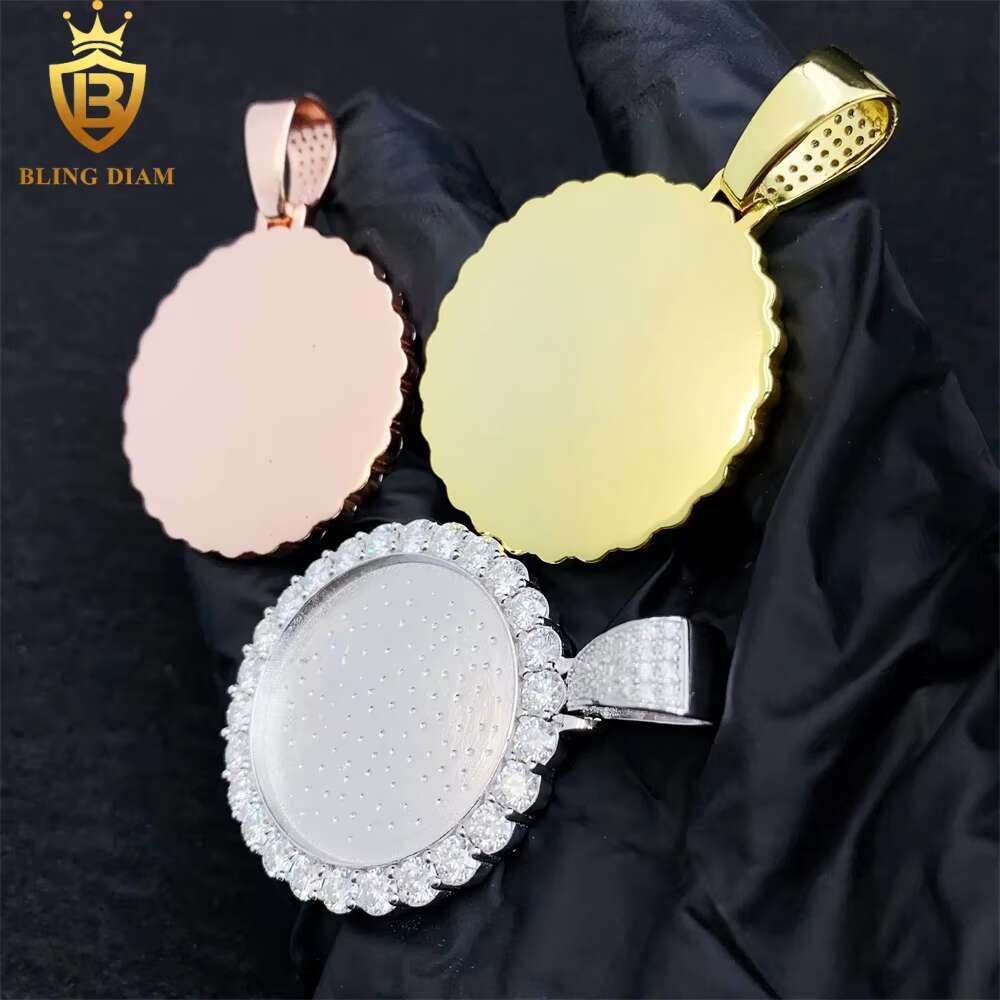 Blingdiam Jewelry Custom Photo Circle Pendant Bulk Vvs Moissanite Big Diamond 925 Sterling Silver Gold Plated