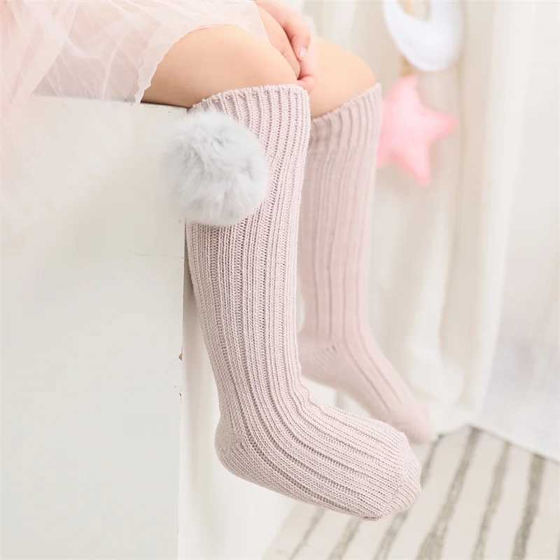 Lawadka Kids Girls Socks Cotton Fur Ball Knee High Childrens Socks For Girls Winter Warm Knitted Baby Stocking Age for 0-7Years G251124