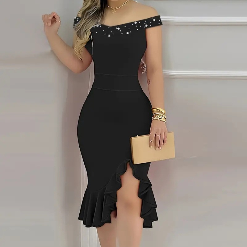 2025 New Summer Fashion Tight Bag Hip One Shoulder Lotus Leaf Edge Dress Womens Wear