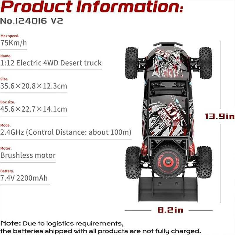 WLtoys 124016V2 Fast RC Car 1/12 Brushless RC Car with Independent ESC for Adults 75km/h Suitable for Outdoors and GiftsW251124