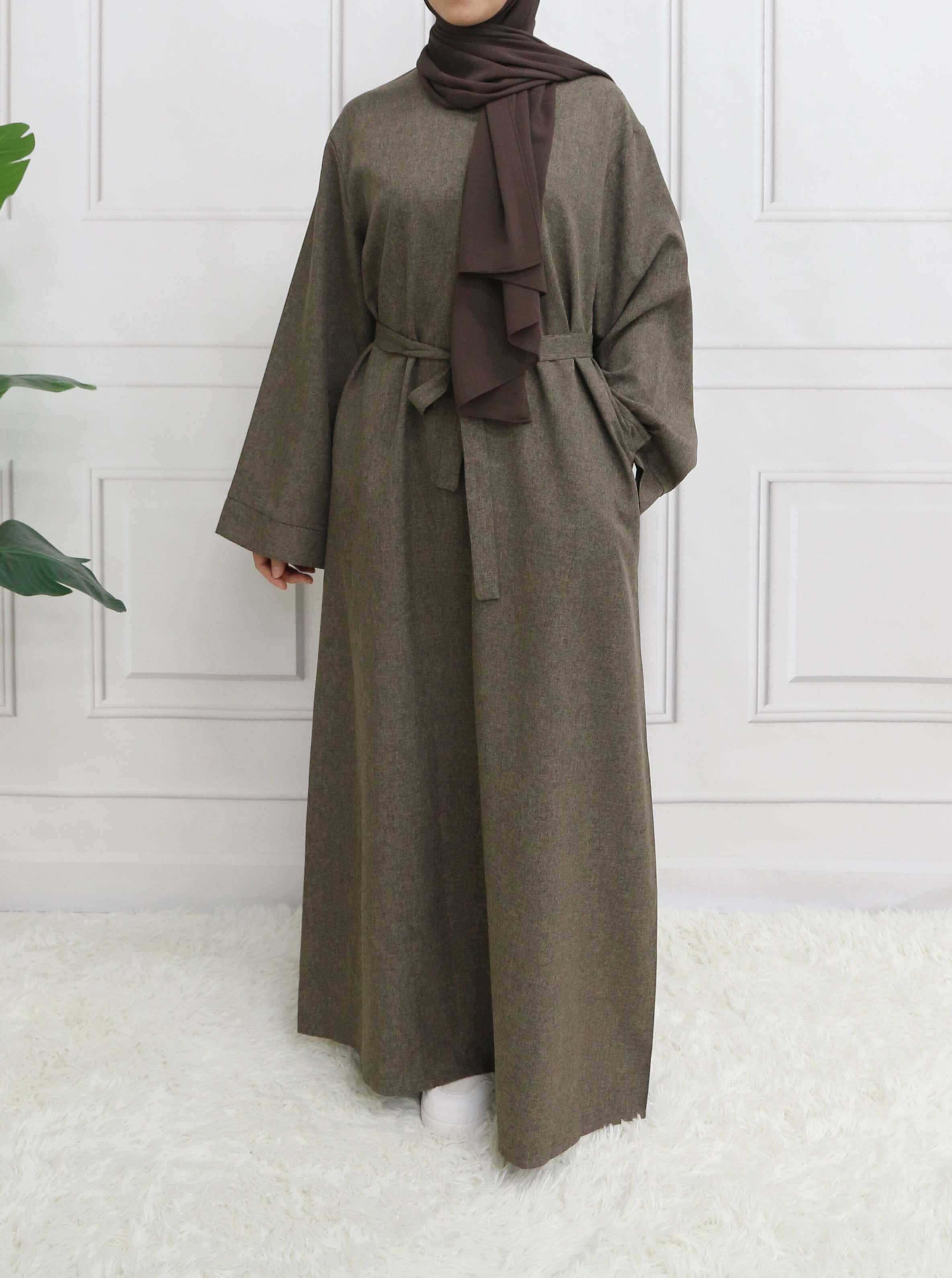 Modest Closed Plain Long Sleeve Abaya Without Hijab With Belt Basic Islamic Eid Clothes Dress