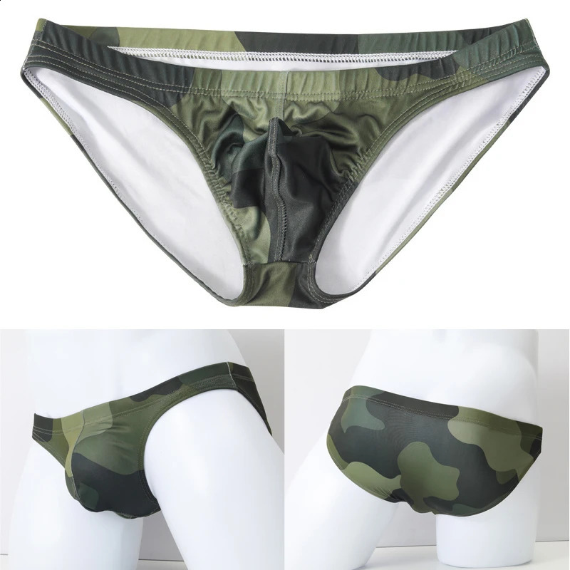 Sexy camouflage mens underwear silk glossy breathable raised pockets 250417