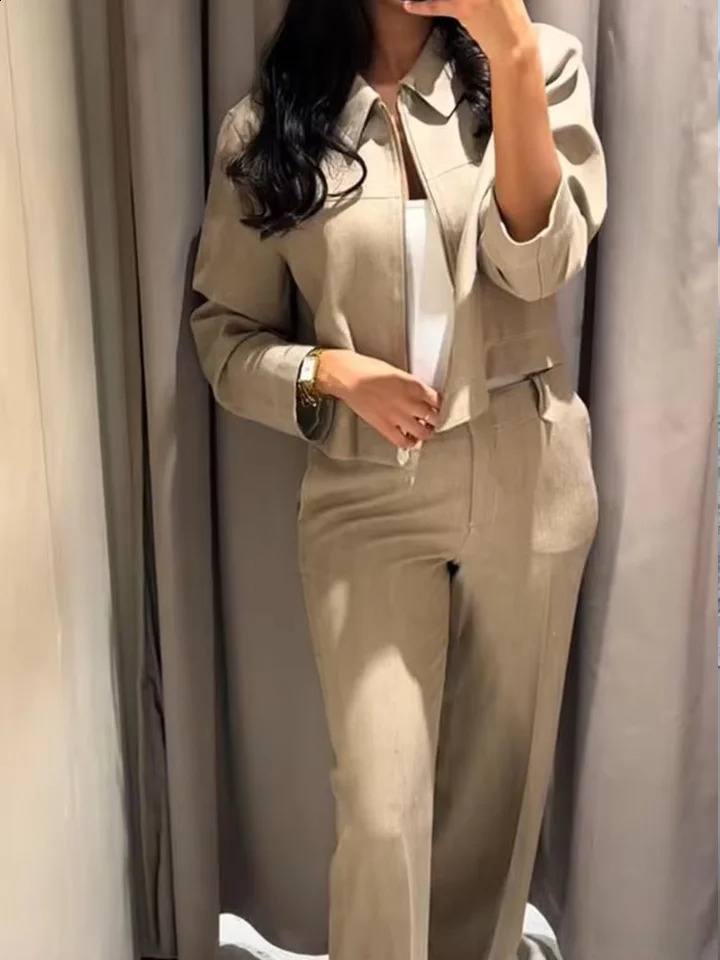 Fashion Solid Jacket Pants Set for Women with Collar Zipper Long Sleeve Cutting Straight Trouser Spring/Summer Casual Set 250423