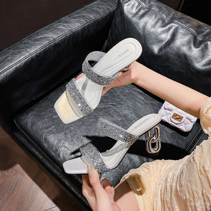 Woman Sandals Summer New Silver Glitter Strap High Heel Slippers For Women Wearing Square Headed Open Toed Sandals With Irregular Heels