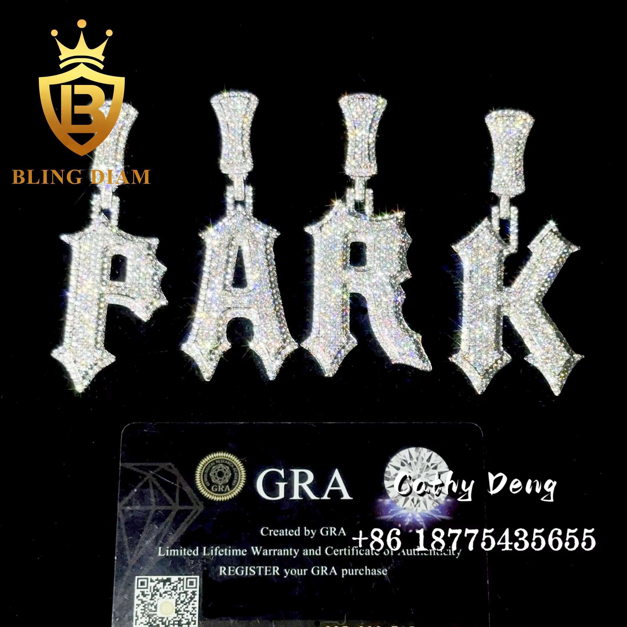 New Custom Moissanite Hip Hop Pendant Ice Out 925 Sterling Silver Charm Moissanite Letter Pendant for Necklace Chain