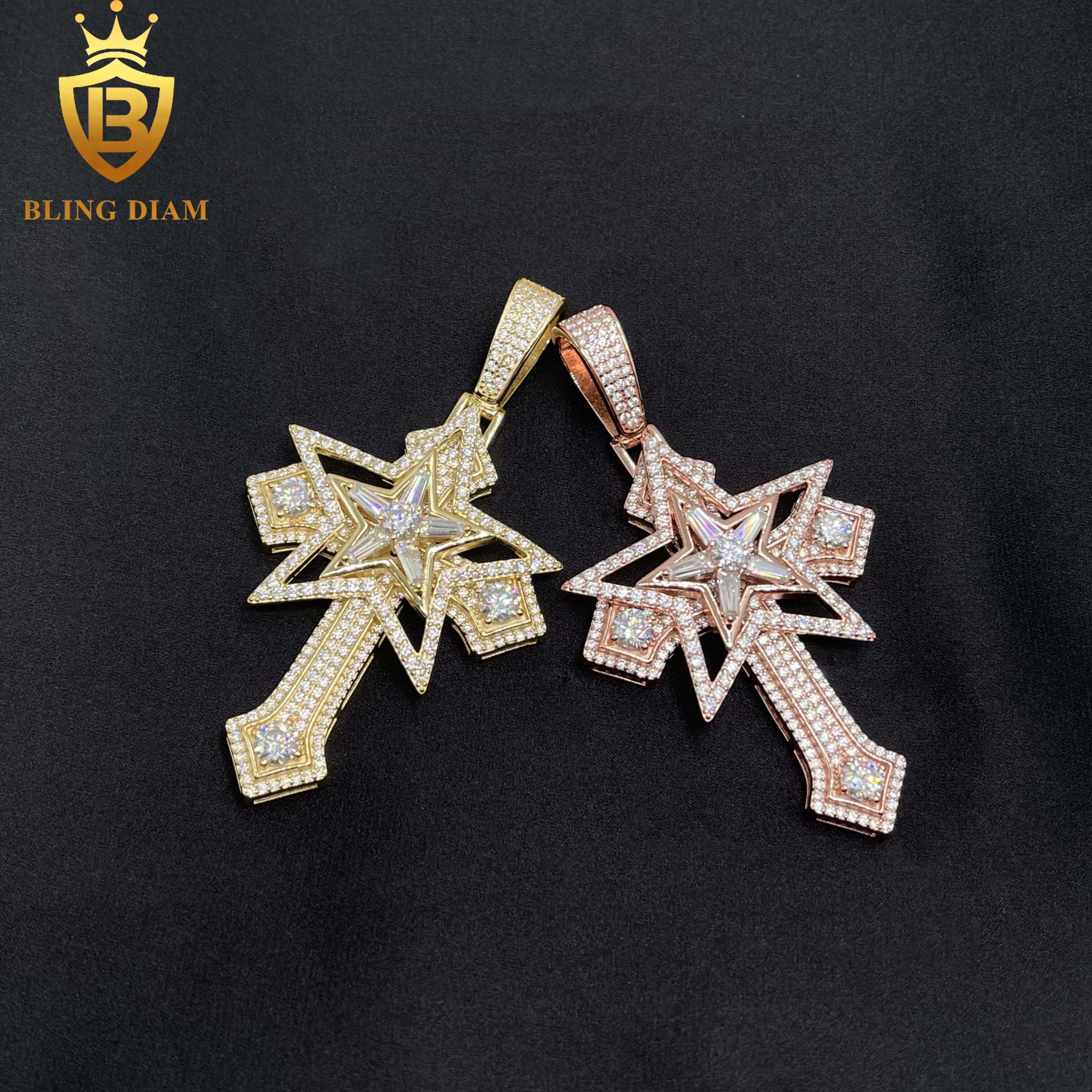 New Design Star Cross Pendant Hip Hop Jewelry Necklace VVS Moissanite 925 Sterling Silver Stainless Steel