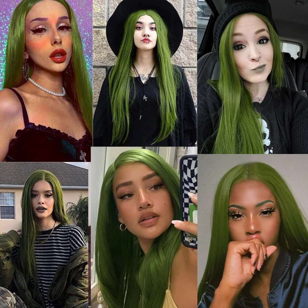 Olive Long Straight Hair For Women Matcha Green No Lace Front Wigs Heat Resistant Synthetic Wig 24 Inch