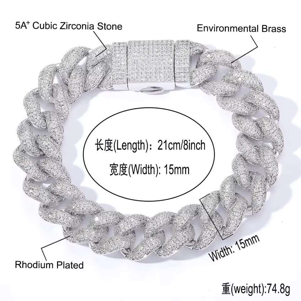 High Quality 14K Real Gold Plated Cuban Chain Hiphop Iced Out Cubic Zircon Cuban Links Diamond Brass Cz Diamond Bracelet