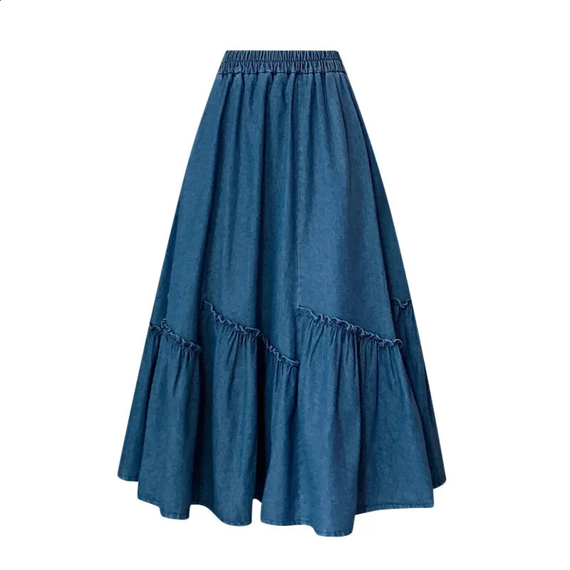 2024 Simple Versatile Wood Ear Denim Skirt mid length wide hem umbrella semi elastic waistband waist 250417