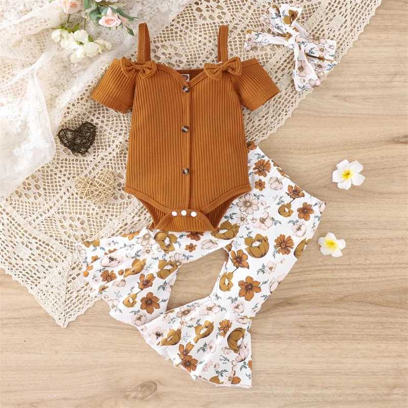 Clothing Sets Summer Baby Girls Clothing Sets 4 Colors Ribbed Off Shoulder Short Sleeve Button Bodysuits+Floral Flare Long Pants+Headband R250424