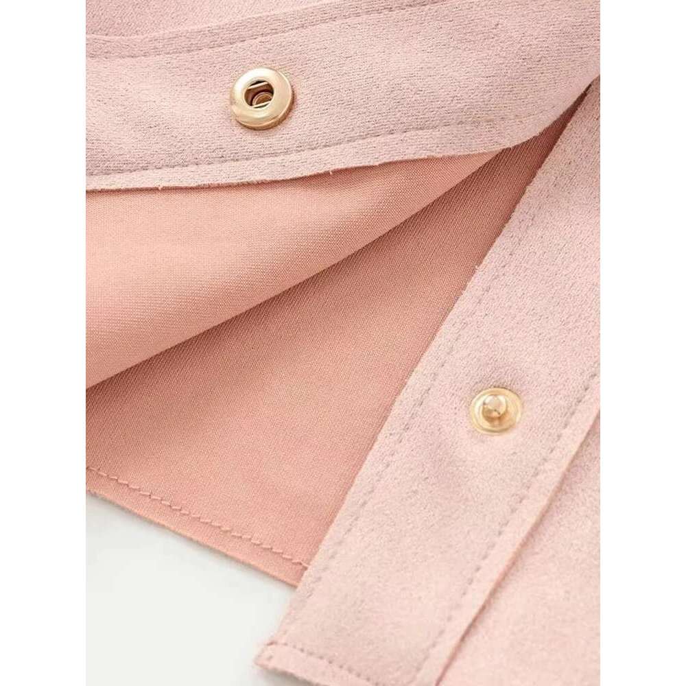 Designer Clothes Trza-Faux Suede Jacket For Women, Patch Pockets, Loose Coat, Long Sleeve, Snap Button, Female Outerwear, Chic Tops, Fashion