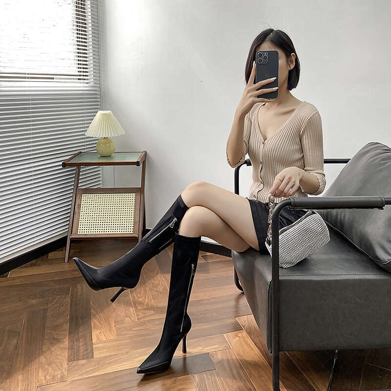 Woman Sandals Spicy Girl High Top Long For Children Autumn Winter New Item Heel Pointed Silk Slimming And Elastic Slim Boots