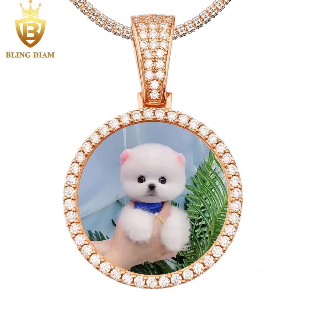 Custom Jewelry Picture Memory Circle Pendant With Chain Vvs Moissanite Diamond 925 Sterling Silver Rose Gold Plated