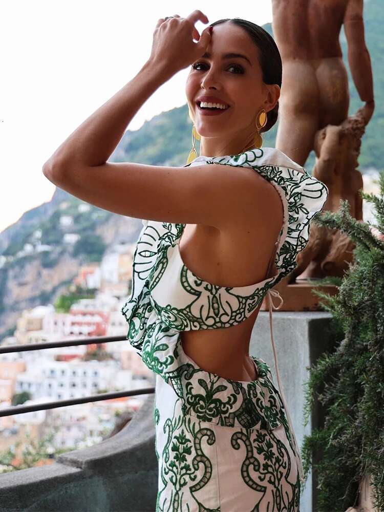 Vintage Flower Embroidery Summer Maxi Dress Women Bakless Tie Up Ruffles Long Beach Vestidos Sexy Tank Party Dresses Sundress