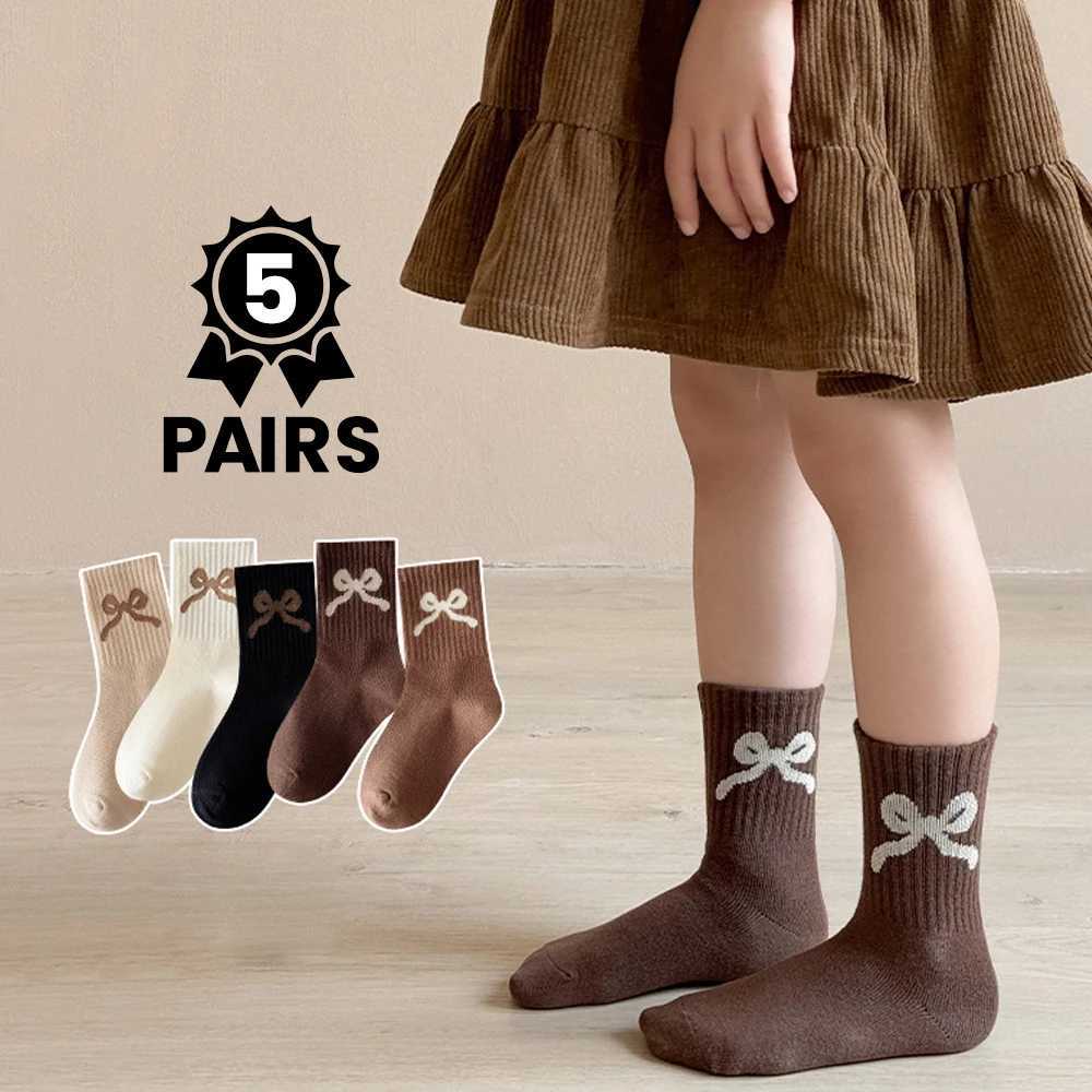 5 pairs stretchy solid-color sports socks for girls with bow patterns suitable for wearing in autumn and winter seasons G251124