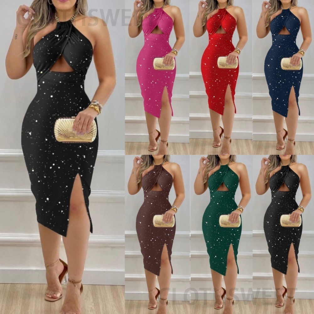 2024 Summer Fashion Hanging Neck Hollow Bag Hip Sexy Dress Womens Wear