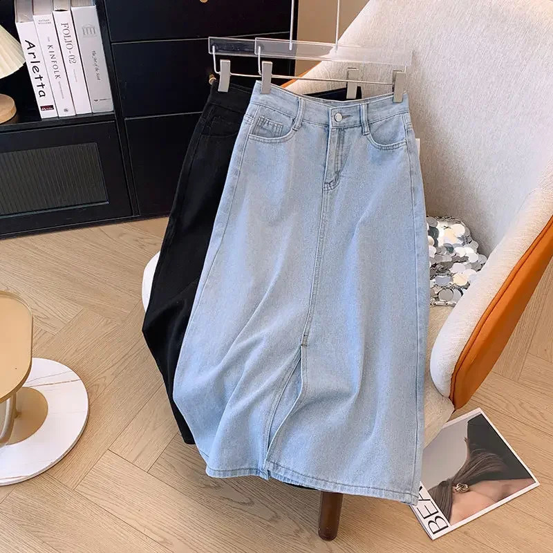 2024 Summer High Waist Weight Loss Loose ALine Bodycon Skiing Womens Side Seam Denim Medium Length 250417