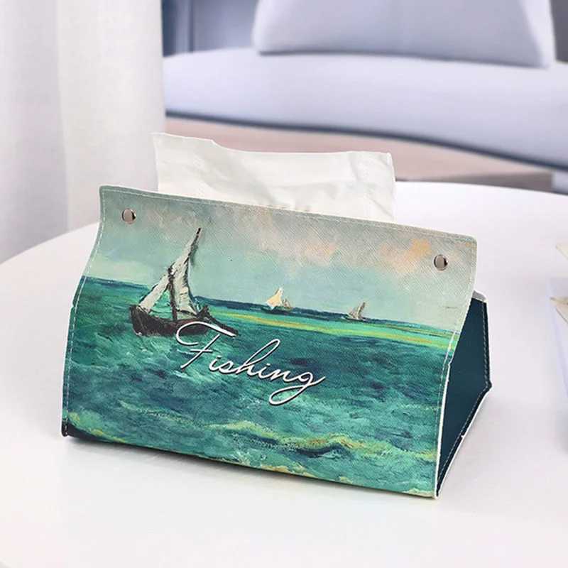 Ins Oil Painting Paper Box Leather Tissue Cover Car Creative Desktop Student Dormitory Office Storage for Living Room BedroomM251124