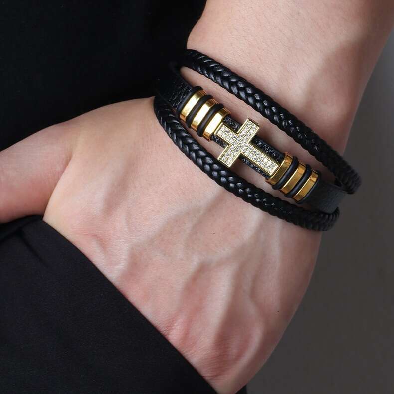 Copper inlaid zircon cross bracelet, fashionable PU leather rope, hand woven alloy bracelet jewelry