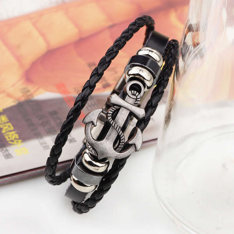 Multi layer Weaving Versatile Personalized Pirate Wind Ship Anchor Chain Leather Bracelet