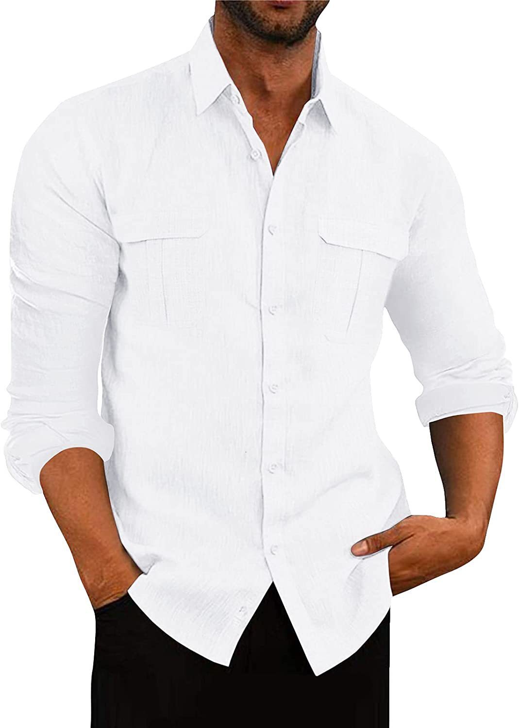Mens shirt double pocket cotton linen long sleeve shirt leisure vacation shirt 6 colors