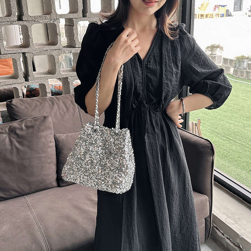 Fashionable Glitter Bucket Bag, Stylish Banquet, Trendy Texture Chain Shoulder Crossbody Bag