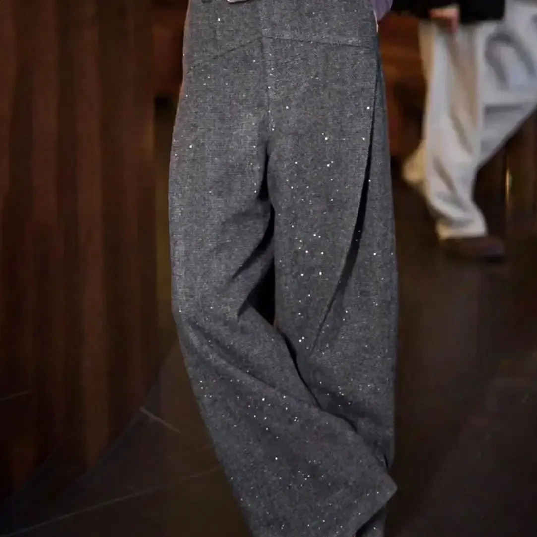High-end Gray Woolen Suit Pants Womens Winter European n Fine Flash High Waist Versatile Trousers 250421