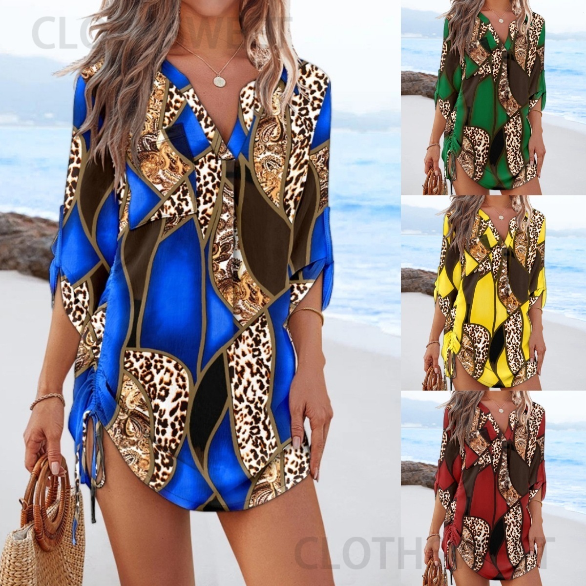 2025 Spring and Autumn Fashion Printed V-neck Side Drawstring Short Dress for Women