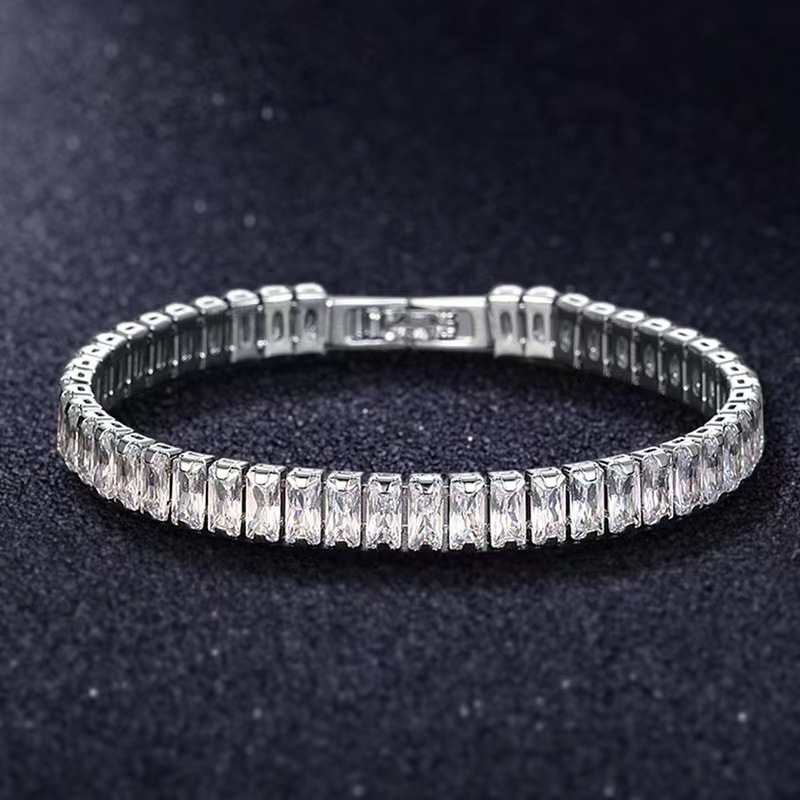 Vintage shiny white rectangular tennis bracelet 7-inch women's new 18K real gold ice plated round square cubic zirconia luxury jewelry