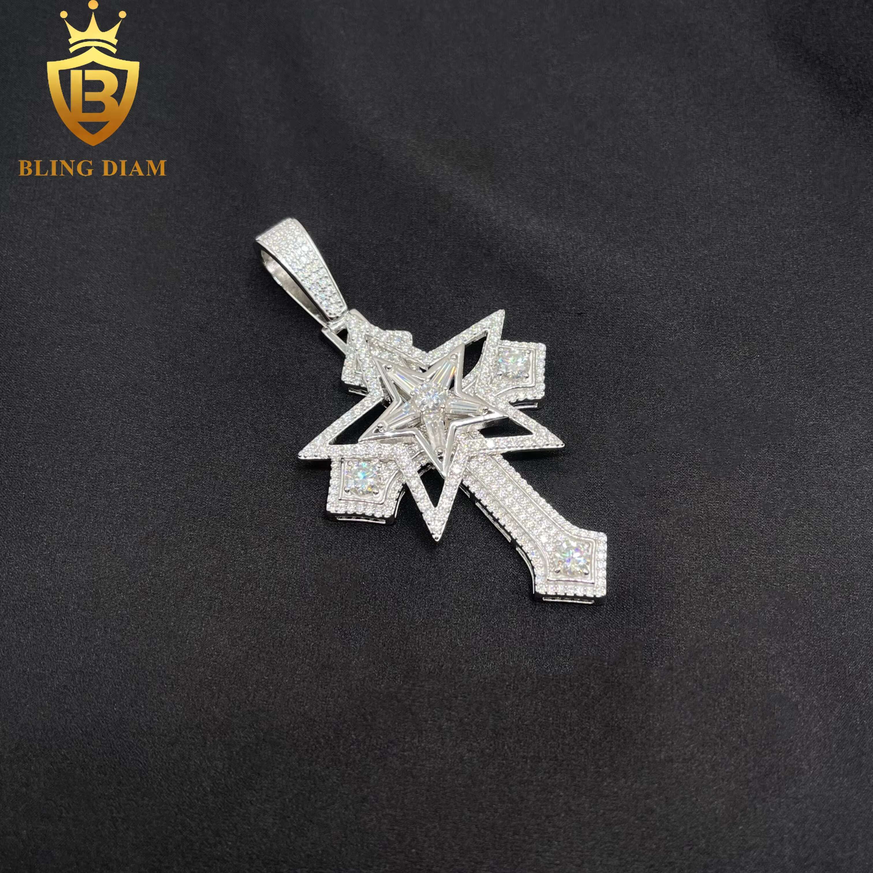 New Design Star Cross Pendant Hip Hop Jewelry Necklace VVS Moissanite 925 Sterling Silver Stainless Steel