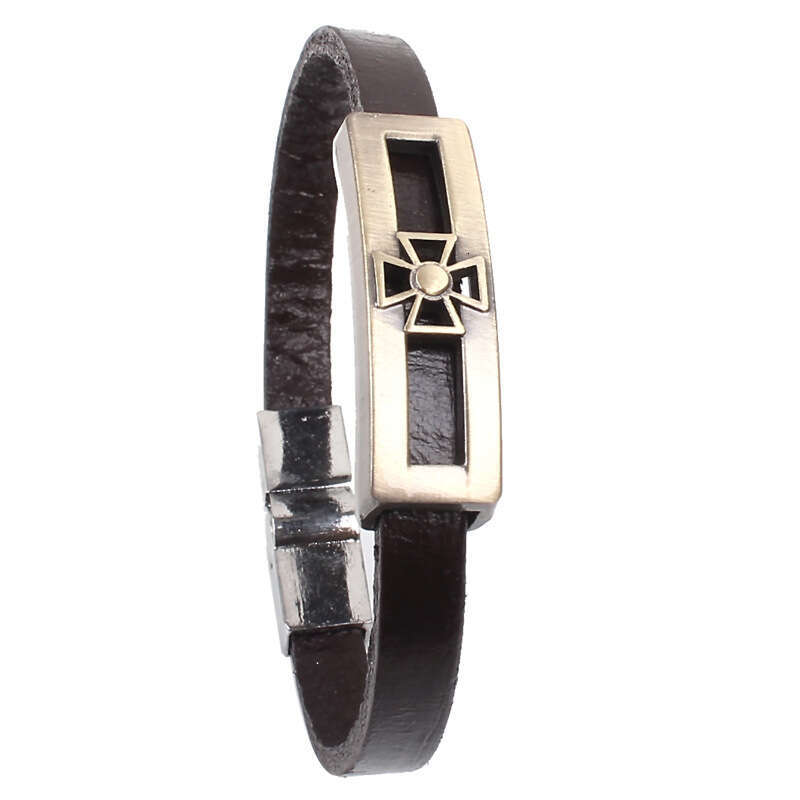 Hot selling genuine leather jewelry, cowhide alloy imitation bronze magnetic buckle cross bracelet