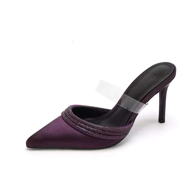 Woman Sandals Purple Satin Water Diamond Charm Sandals Women With Thin Heels Pointed Transparent Straight Straps Toe Caps Cool Slippers For Socialites
