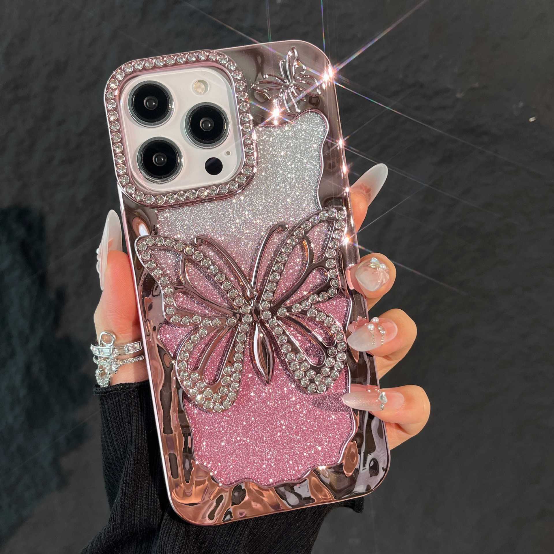 Gradient Glitter Hollow Large Butterfly Phone Case Compatible with iPhone 17 Pro Max New Soft Electroplated Case iPhone 16/15