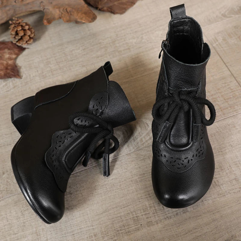 Womens Leather Boots Ethnic Style Retro Mom Short Boots Soft Bottom Round Head Leisure Non-slip Shoes Sapatos Femininos 250418