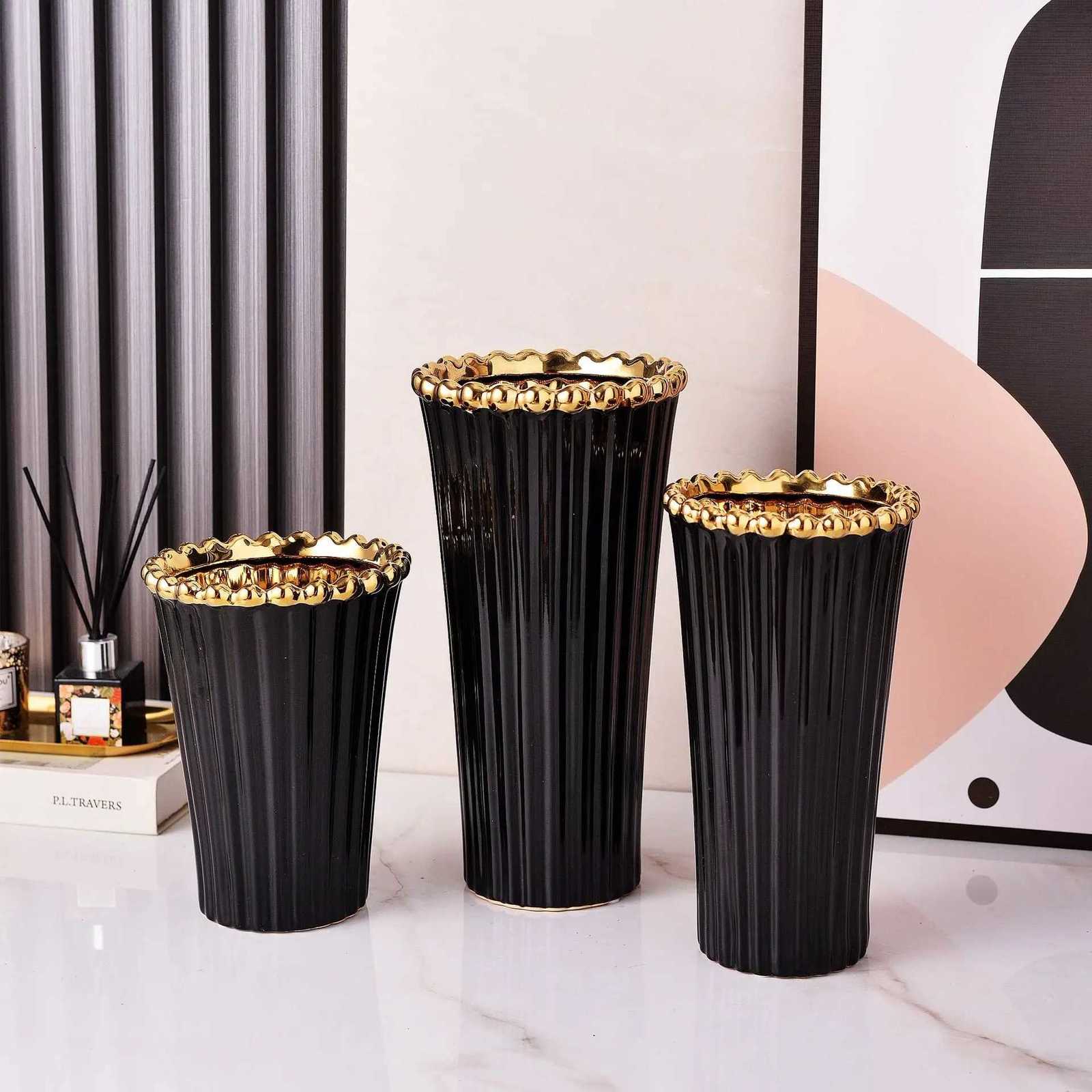 Modern luxury ceramic vase gold black white crown electroplated ceramic vase floral ware home decoration ornaments C251124