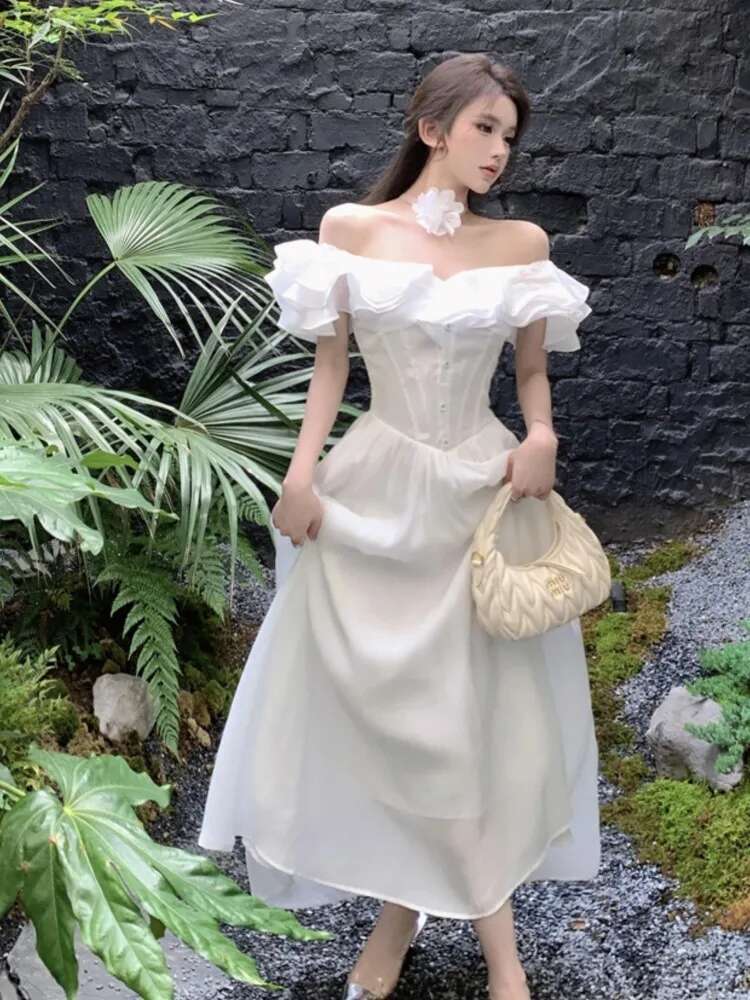 France Elegant Slim Ruffles Midi Dresses Summer Princess Evening Party Prom Dress Women Fashion Off Shoulder A-Line Vastidos