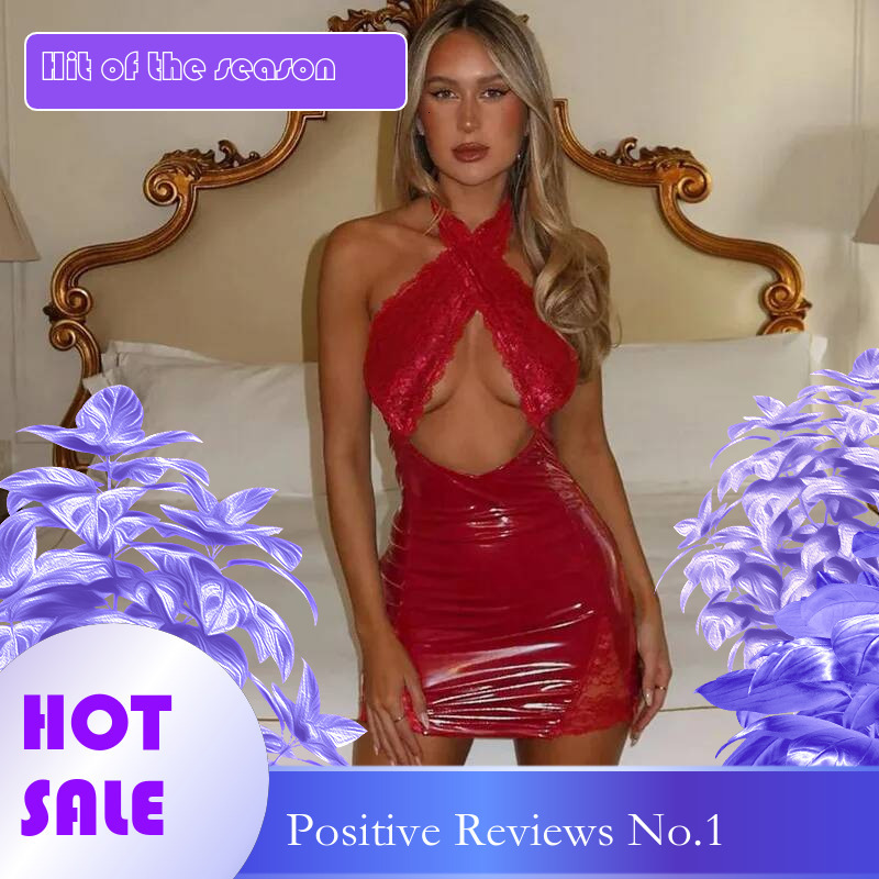 Dongdumaoyi Townlike PU Leather Lace Patchwork Slim Bodycon Dress Women Halter Mini Summer Backless Nightclub Sexy Party Dresses