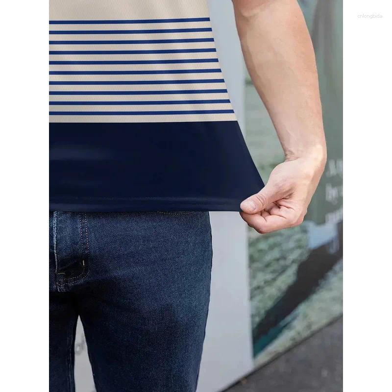 Men's Polos Long-sleeved Striped Polo Shirt High Tie Button Double-sided Velvet For Winter