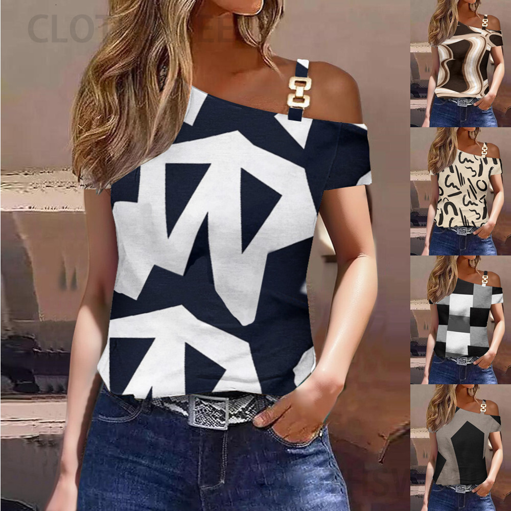 2023 summer simple short sleeved metal buckle printed top T-shirt for women