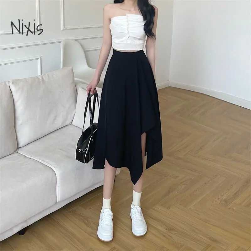 Black irregular leather womens spring and summer high waist thin medium long umbrella dress plus size bottom retro Y2k dress M250424