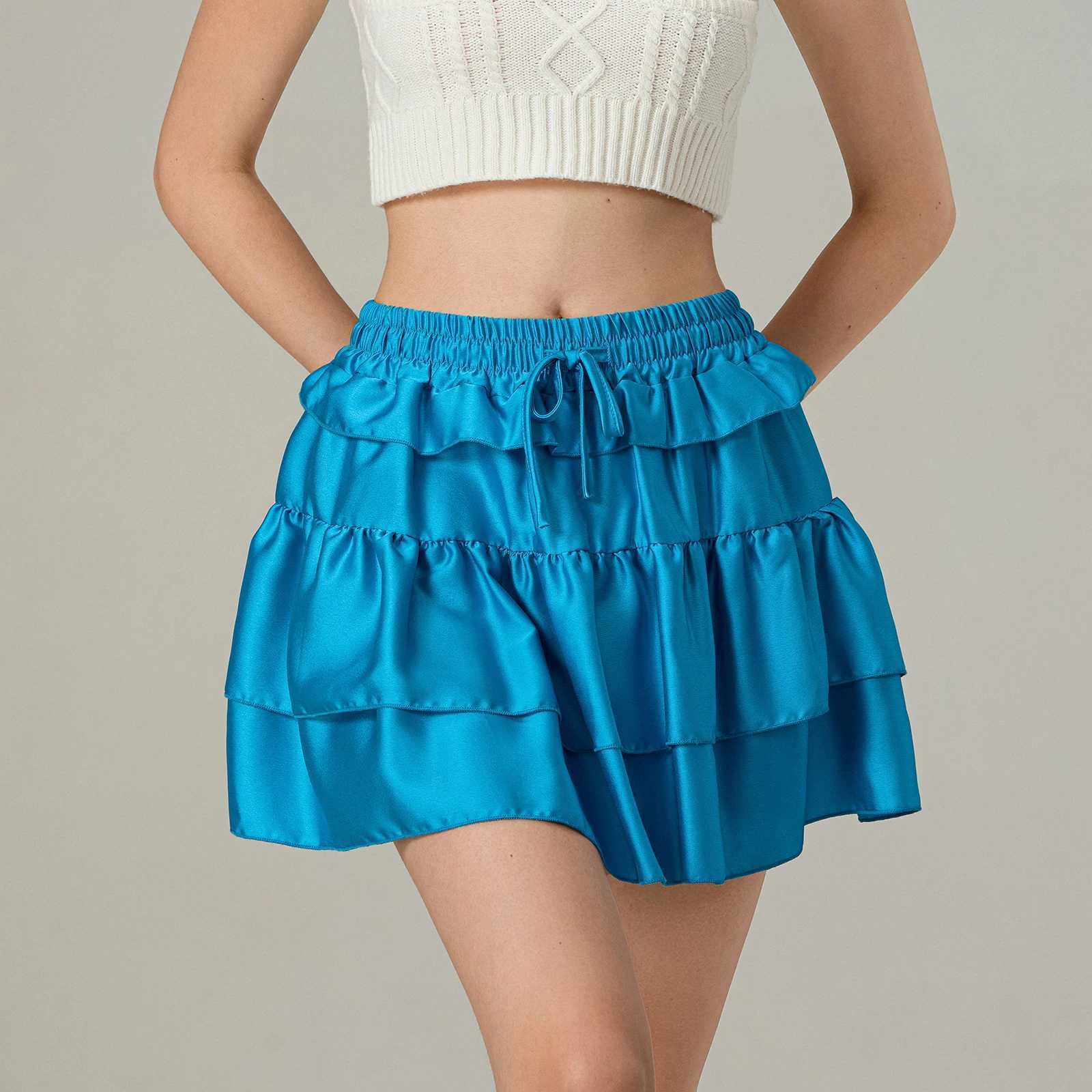 Womens Fashion Mini Skirt Layered Ruffle Solid Color Brushed Elastic Waist Skirt Summer Casual Short Skirt M250424