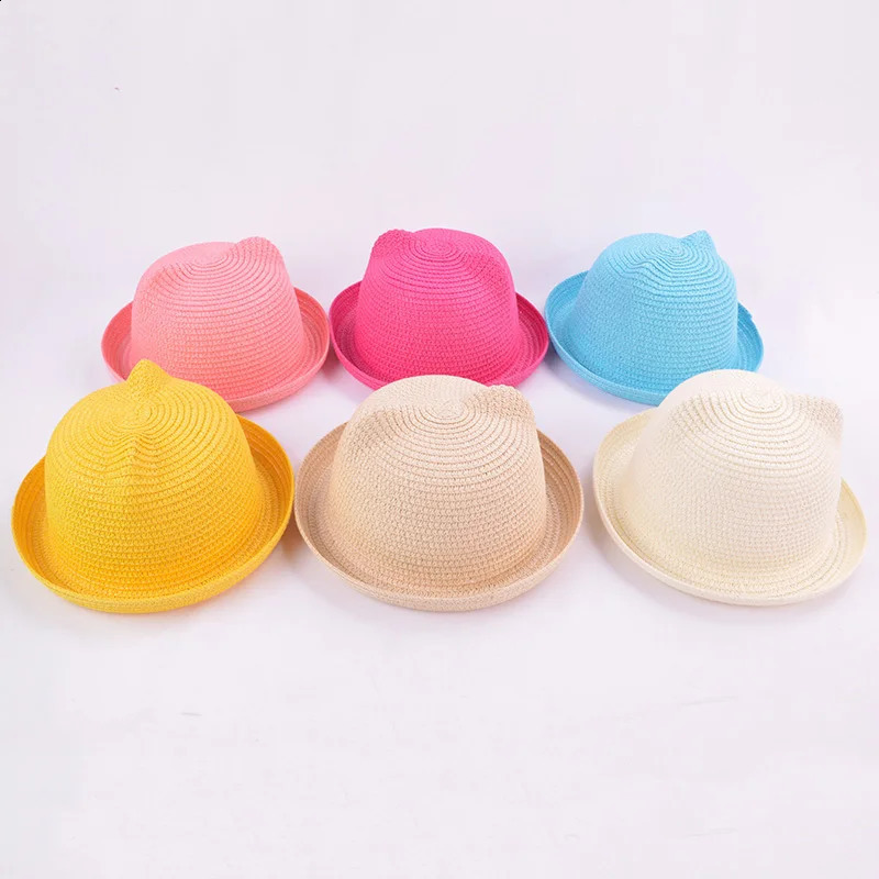 Fashion Lovely Girls Boys Straw Hats Headdress Summer Kids Sun Hat Cute Ear Solid Floppy Beach Cap For Children 250423
