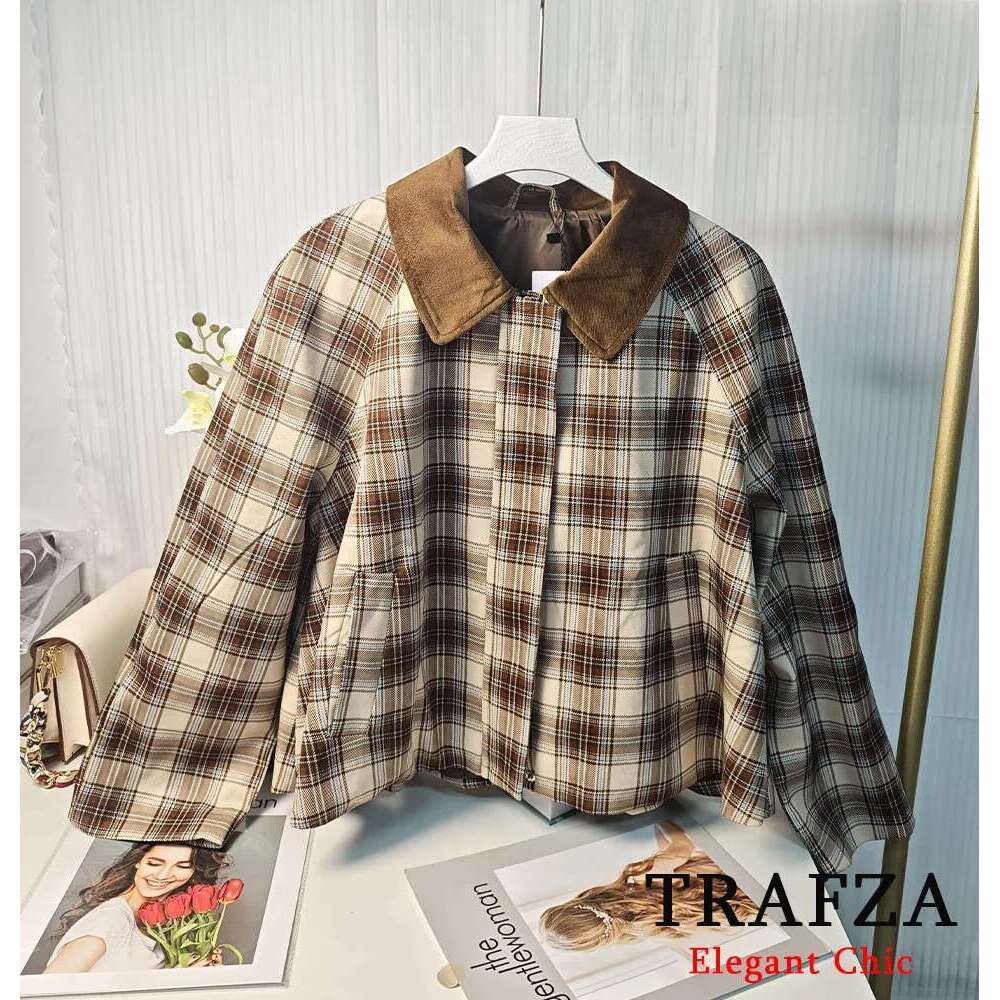 Designer Clothes TRAFZA Women Literary Cape Style Plaid Lapel Zippered Pocket New 2025 Spring Summer Fashion Casual Vintage Jacket