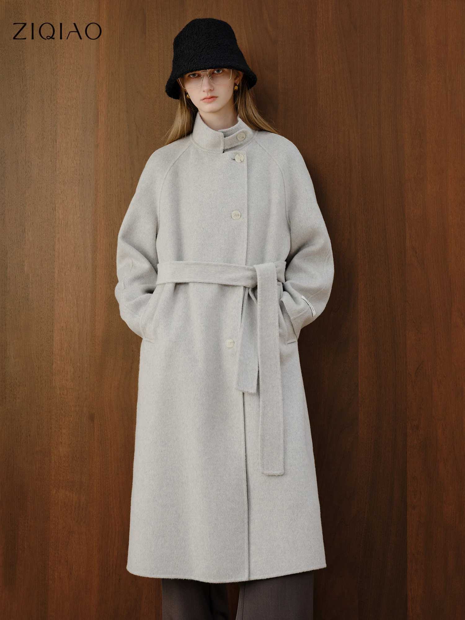 ZIQIAO Petite Size 2025 Autumn Winter Womens Stand Collar Cashmere Wool Blend Coat Long Tweed Overcoat for Small Size Slim Fit J251124