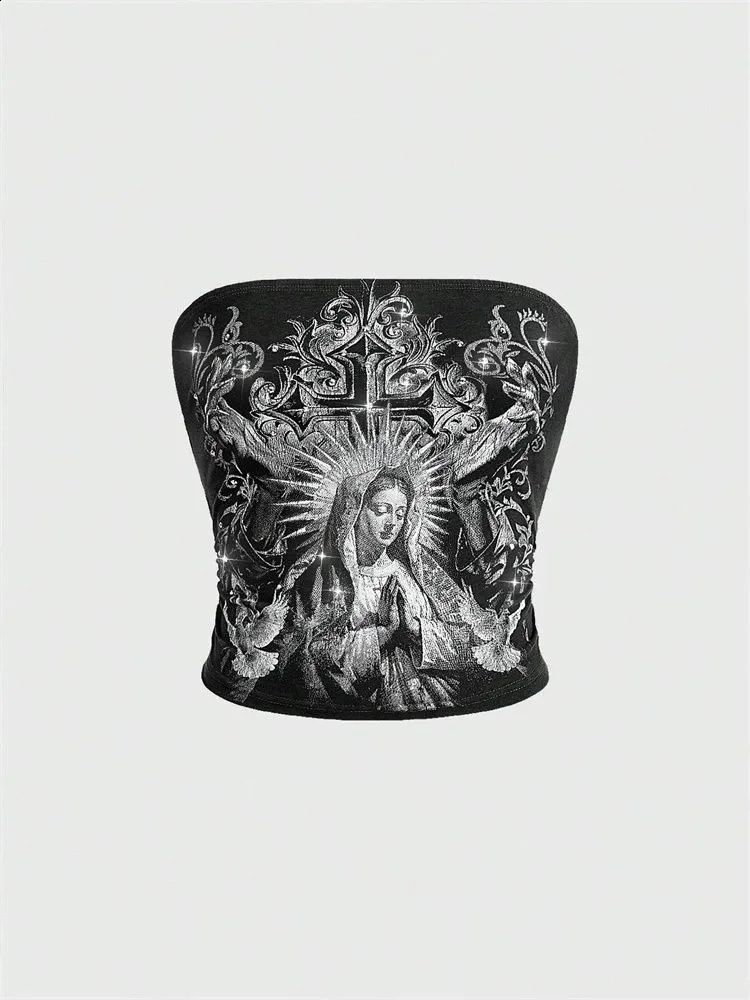 Womens Gothic printed tube summer Y2K sleeveless clothing strapless 250422