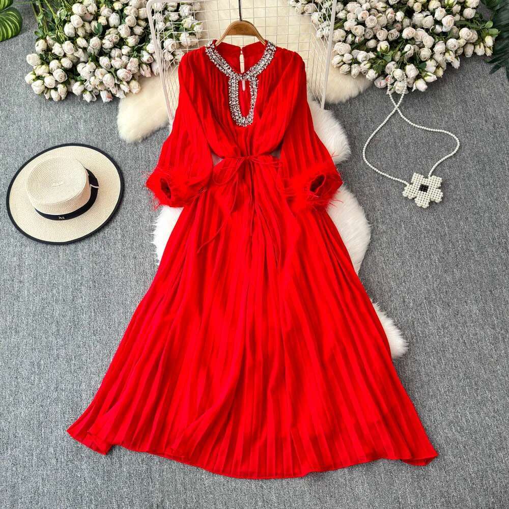 Quality 2025 Spring Crystal Loose Full Sleeve Maxi Pleated Chiffon Dress For Women Elegant Prom Evening Party Long Dresses Lady