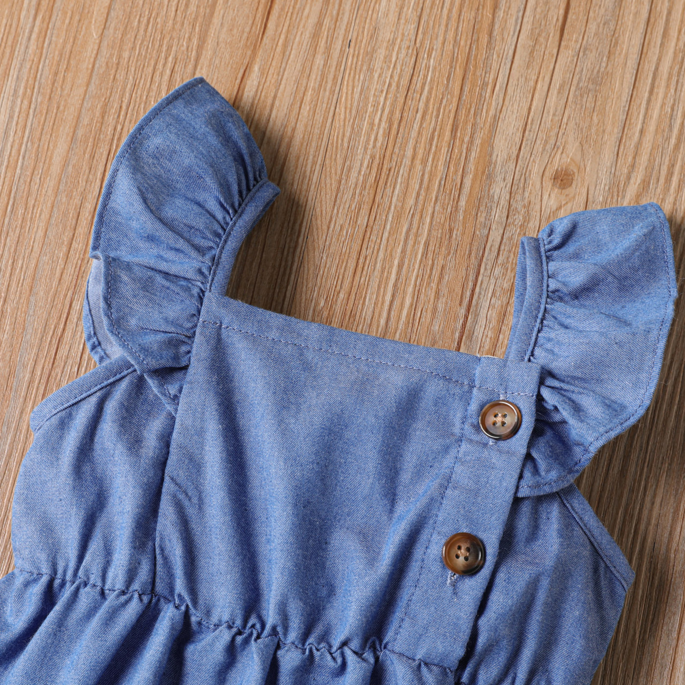 PatPat Baby Girl Ruffled Button Design Sleeveless Denim Rompers